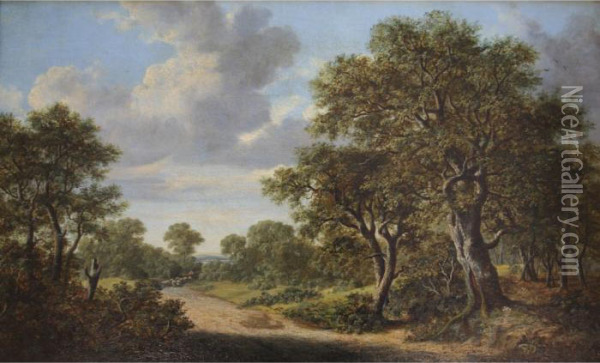 Shepherd With Sheep On A Woodland Track Oil Painting - Patrick, Peter Nasmyth