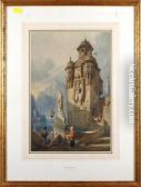 Figures By A Continental Lakeside Tower Oil Painting - Samuel Prout