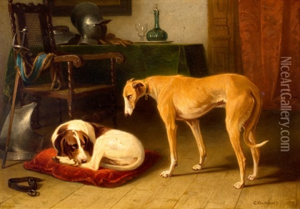 Twee Treurende Honden Bij Het Harnas Van Hun Overleden Meester Oil Painting - Conradyn Cunaeus