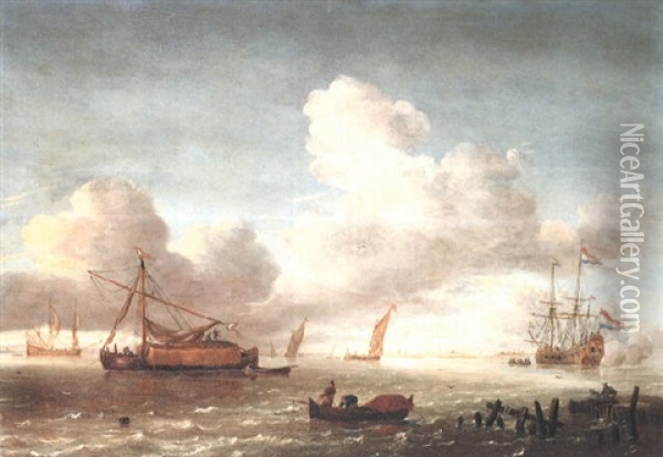 Estuary With Numerous Vessels Including Fishermen In A Rowing Boat Oil Painting - Jeronymus Van Diest