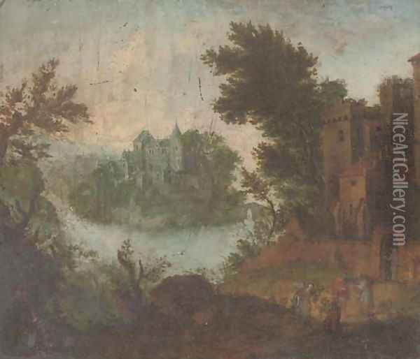 A landscape with Tobit and Anna Oil Painting - Matthys Schoevaerts
