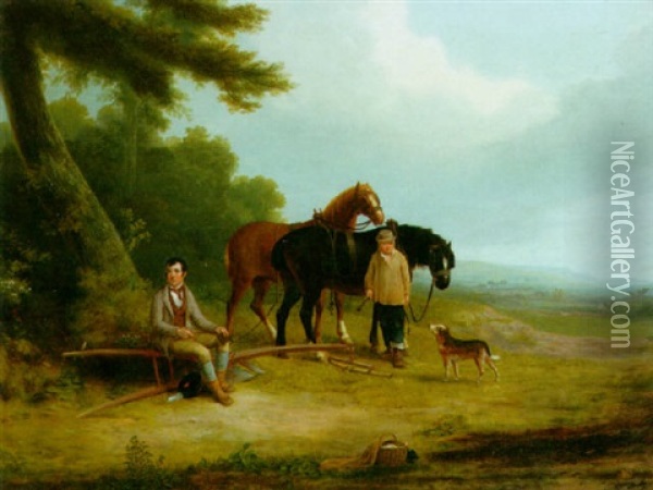 Robert Burns Seated On A Plough, With A Boy And Two Carthorses Oil Painting - Joseph Rhodes