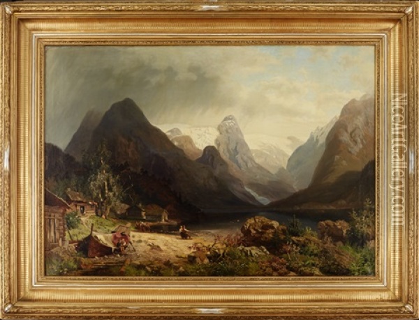 Norskt Fjordlandskap Oil Painting - Niels Bjornsen Moller
