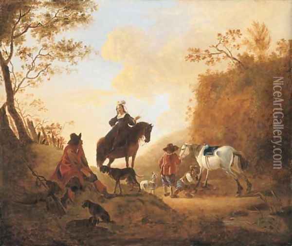 A landscape with hunters resting by a path Oil Painting - Dirck Willemsz. Stoop