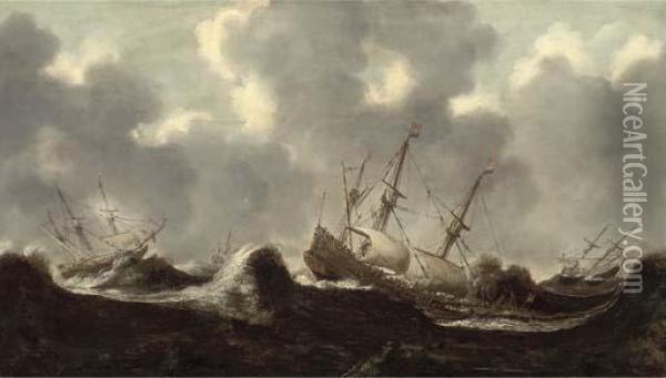 The Dutch Fleet At Sea In Treacherous Conditions Oil Painting - Claes Claesz. Wou