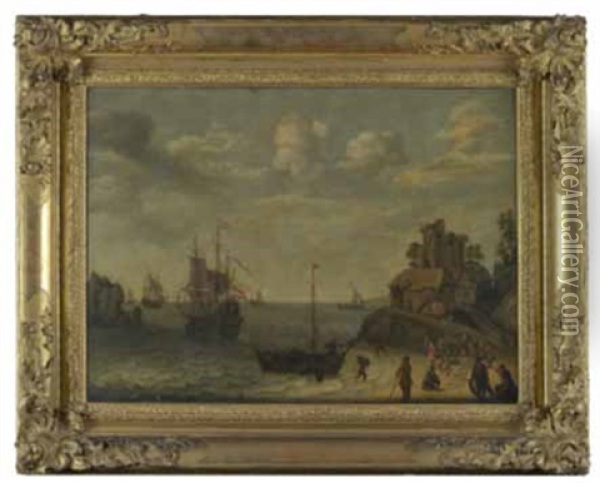 Scene De Port Avec Voiliers Dans La Rade Et Marchands De Poissons Oil Painting - Isaac Willaerts