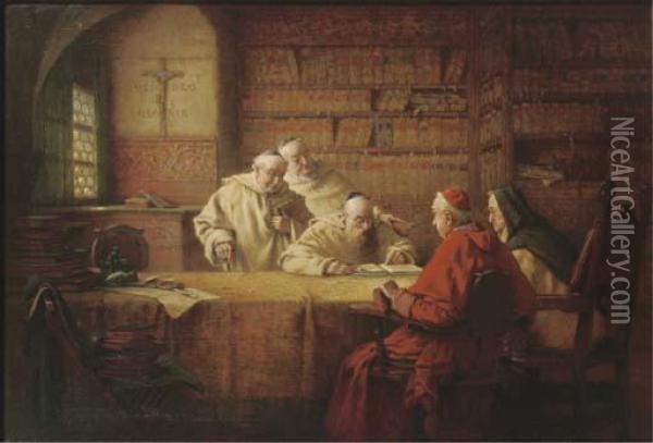 In The Monastic Library Oil Painting - Richard Linderum