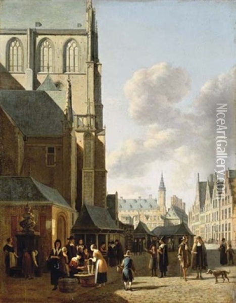 The Grote Markt, Haarlem, Looking West, With St. Bavo's And The Fish Market, The Town Hall Beyond Oil Painting - Gerrit Adriaensz Berckheyde