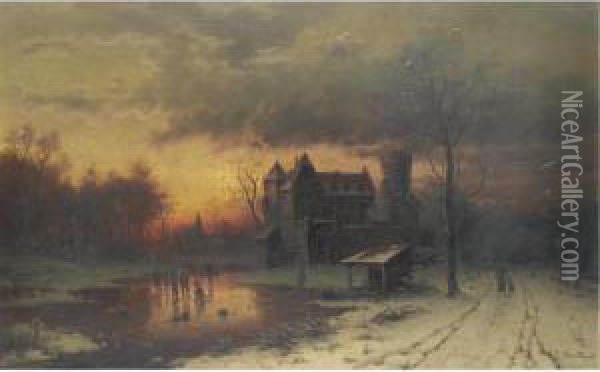 Iceskating At Sunset Oil Painting - Ludwig Munthe