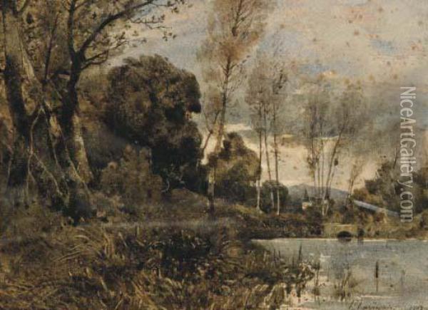 A White Castle Seen From A Lake-side Oil Painting - Henri-Joseph Harpignies