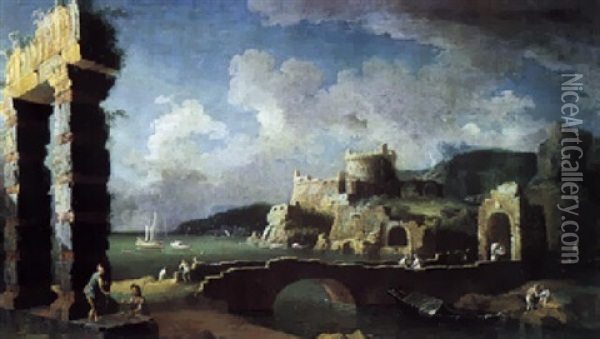 Ruine D'un Chateau Pres D'un Rivage Mediterraneen Oil Painting - Leonardo Coccorante