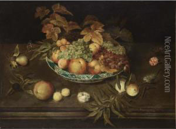 A Still Life With Grapes, 
Peaches, Apricots And Apples In A Wan-li Porcelain Bowl, Together With A
 Pear, A Prune, Peaches, Apricots, Carnations, A Butterfly And A Blue 
Tit, All On A Ledge Oil Painting - Ambrosius the Elder Bosschaert