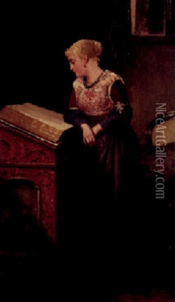 Portrait Einer Jungen Frau Am Stehpult Mit Folianten Oil Painting - Sipke (Cornelis) Kool