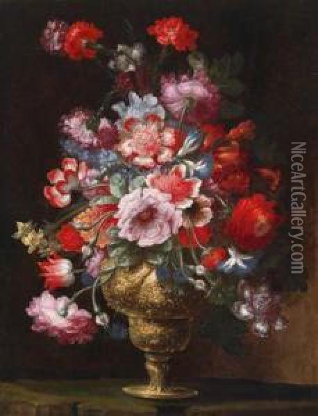 Ein Prunkstillleben Vonverschiedenen Blumen In Einer Vergoldeten Vase Oil Painting - Andrea Scaccati