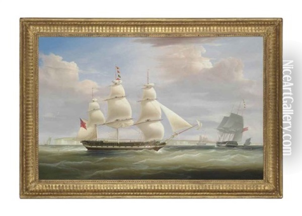 The Hon. East India Company's Ship Inglis In Two Positions In The Channel Off Dover Oil Painting - William John Huggins