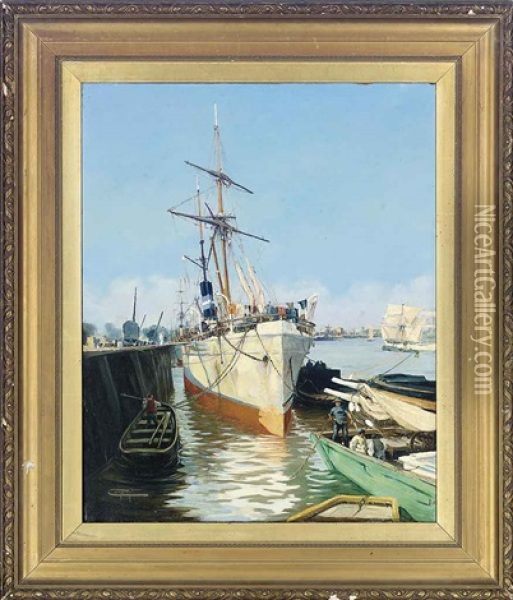 Boats In A Harbor Oil Painting - Jacques-Marie Omer Camoreyt