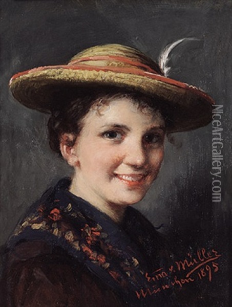 Portrait Eines Jungen Madchens Mit Strohhut Oil Painting - Emma (Edle von Seehof) Mueller