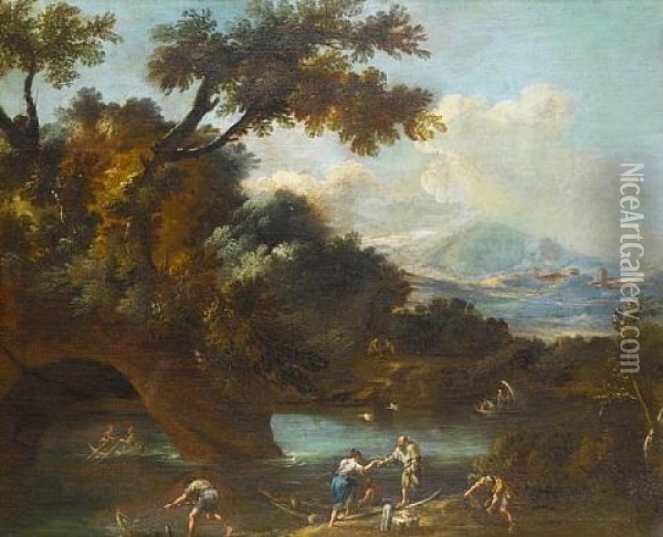 A Wooded Landscape With A Fisherman Drawing In His Catch, Other Figures Loading A Rowing Boat And Other Vessels On A River With Mountains Beyond Oil Painting - Bartolomeo Pedon