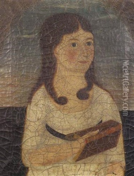 Blue-eyed Girl In White Dress With Sash, Holding A Book With Red And Brown Bindings Oil Painting - Joseph Steward