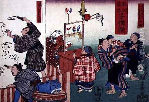 Moral teaching for shopboys giving good and bad examples of behaviour 6 Oil Painting - Utagawa Kuniyoshi