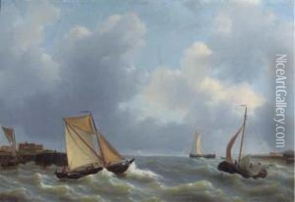 Busy Shipping By A Jetty Oil Painting - Petrus Jan Schotel