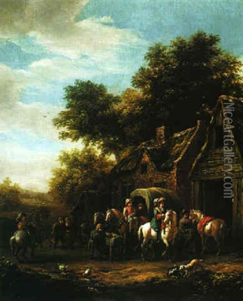 A Horse And Cart With Travellers Halted At An Inn Oil Painting - Barend Gael
