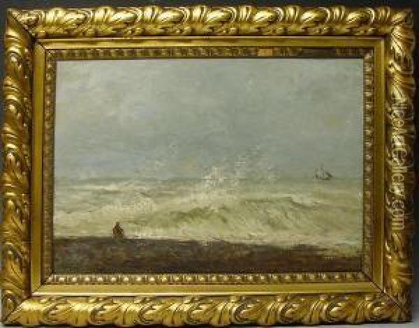 Mann Sitzt Am Ufer Und Beobachtet Die Meeresbrandung Oil Painting - Albert Charpin