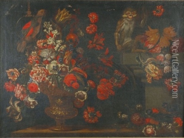 Still Life With A Vase Of Flowers, A Parrot And A Monkey Oil Painting - Mario Nuzzi