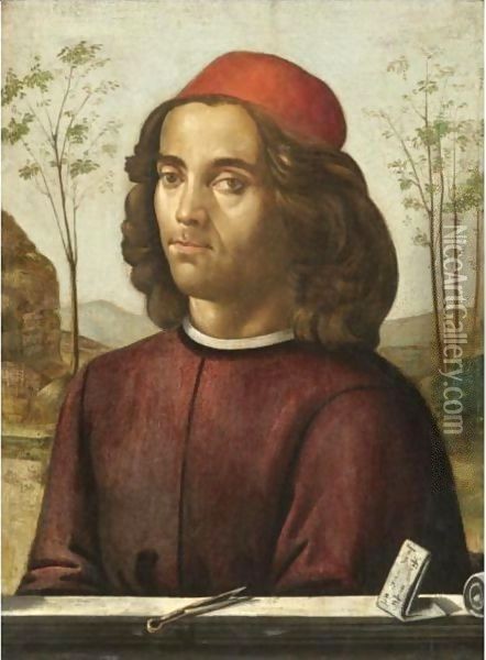 Portrait Of A Gentleman, Head And Shoulders, Wearing A Crimson Tunic, With A Pair Of Dividers On A Stone Ledge Oil Painting - Domenico Ghirlandaio