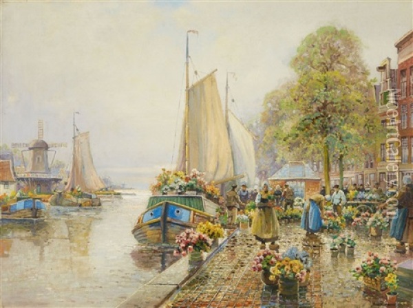 A Dutch Flower Market Oil Painting - Hans Herrmann