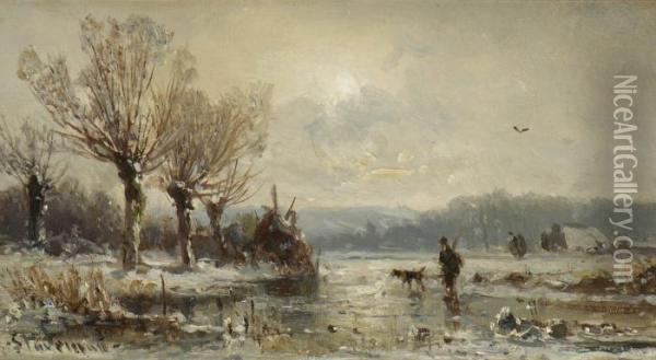 Jager Mit Hund In Winterlandschaft. Oil Painting - Adolf Stademann