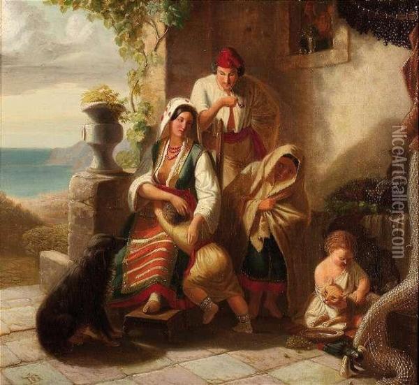 Italian Peasantfamily At The Entrance Of Their House Oil Painting - Eduard Daege