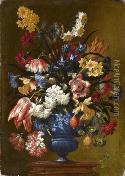Narzissen, Anemonen, Tulpen, Roschen, Akeleien, Glockenblumen, Nelken In Einer Blauen Antikisierend Verzierten Vase Oil Painting - Mario Nuzzi