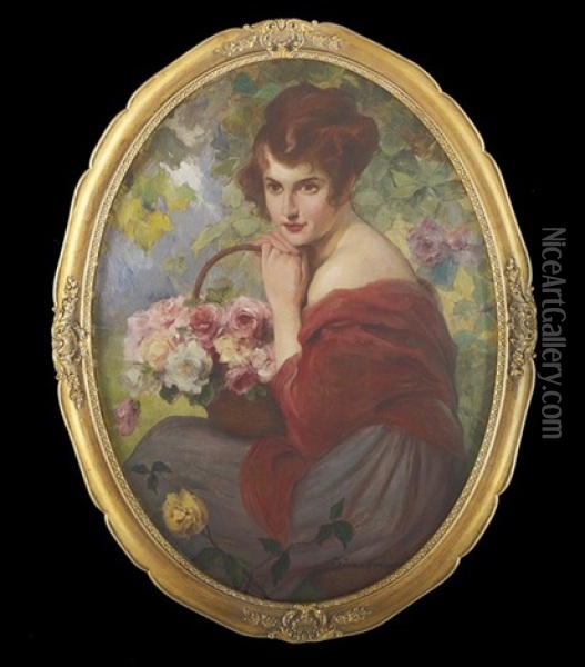 Oval Portrait Of A Girl With A Basket Of Flowers Oil Painting - Rudolph Jelinek