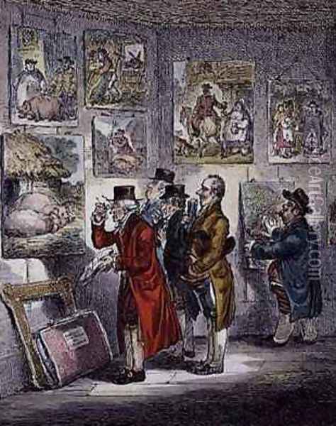 Connoisseurs Examining a Collection of George Morlands Paintings Oil Painting - James Gillray
