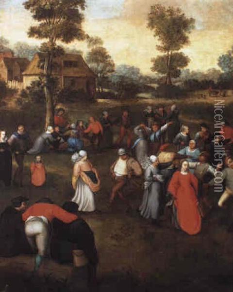 Peasants Dancing Outside A Village Oil Painting - Pieter Brueghel the Younger
