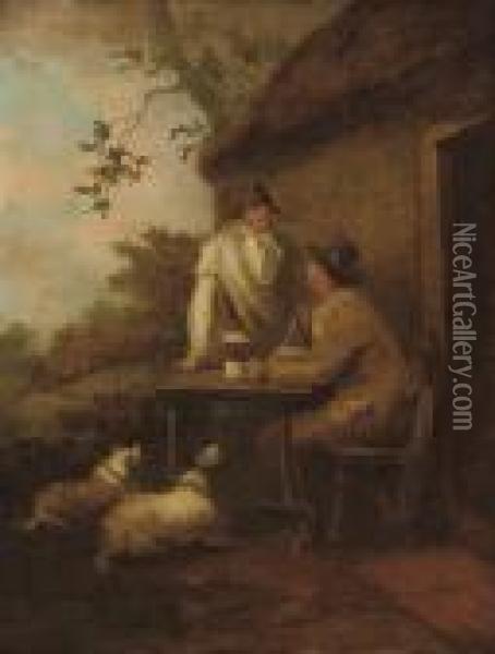 Two Men By A Tavern With Their Dogs Oil Painting - George Morland