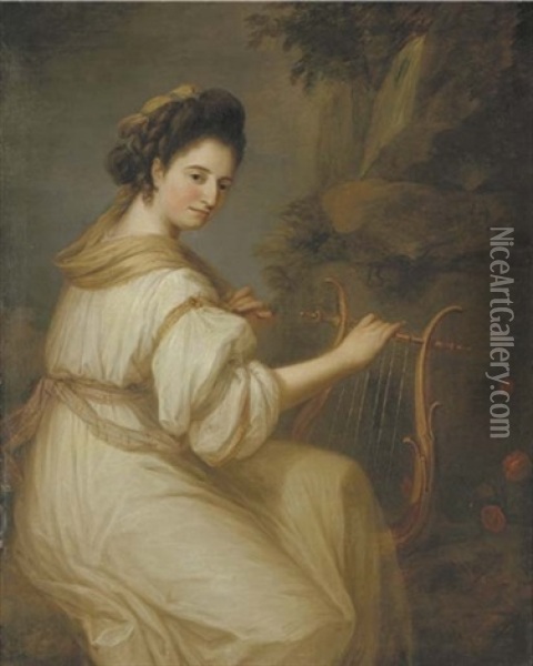 Portrait Of Jemima Ord, Three-quarter-length, In A White Dress, Seated Playing A Lyre, In A Landscape, A Waterfall Beyond Oil Painting - Angelika Kauffmann