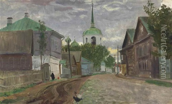 A Street In Staraya Russa Oil Painting - Boris Mikhailovich Kustodiev