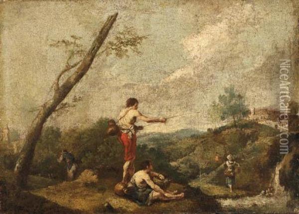 Zuccarelli, F.
An Italianate Landscape With Fishermen On The Banks Of A Stream, Awater Carrier Nearby Oil Painting - Francesco Zuccarelli