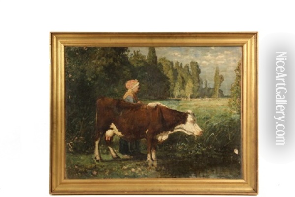 Woman With Cow Awaiting Shepherd With Flock Oil Painting - John Joseph Enneking