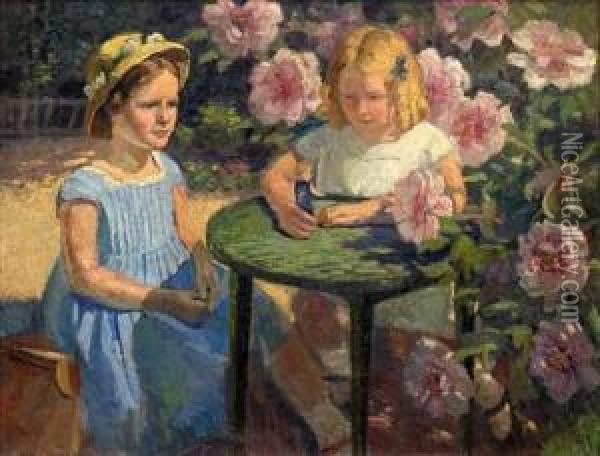 Playing Girl In The Garden Oil Painting - Henrik Schouboe