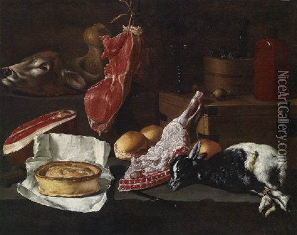 Kuchenstillleben Mit Fleisch, Einem Kalbskopf, Einer Ziege, Einer Pastete Und Brot Oil Painting - Giuseppe Recco