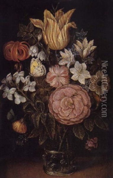 Bouquet De Fleurs Dans Un Vase De Verre Pose Sur Un Entablement Oil Painting - Ambrosius Bosschaert the Elder