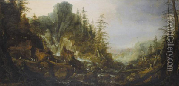 A Mountainous River Landscape With A Waterfall And A Small Village Oil Painting - Ivds Monogrammist