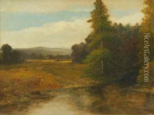 Pastoral Landscape With Pond And Cows Oil Painting - Aaron Draper Shattuck