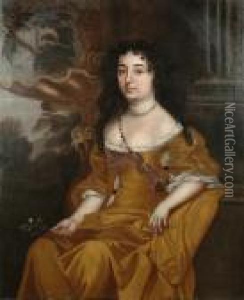 Portrait, Three Quarter Length, Of A Lady Seated In An Ornamental Garden Oil Painting - Sir Peter Lely