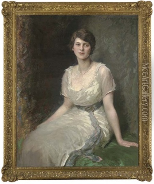 Portrait Of Rosa Lewis, Seated Three-quarter-length, In A White Dress With A Blue Sash Oil Painting - Daniel Albert Wehrschmidt