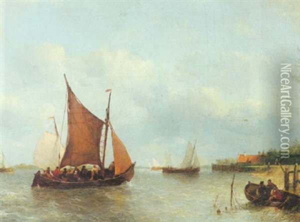Boats In Stormy Seas Off The Coasts Oil Painting - Johannes Hermanus Barend Koekkoek