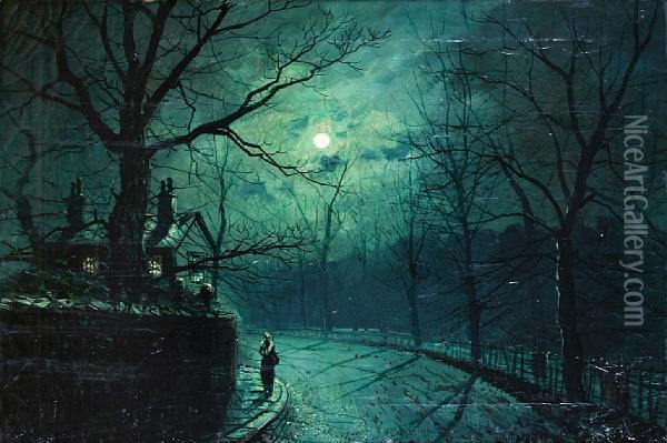 A Moonlit Street Oil Painting - Walter Meegan